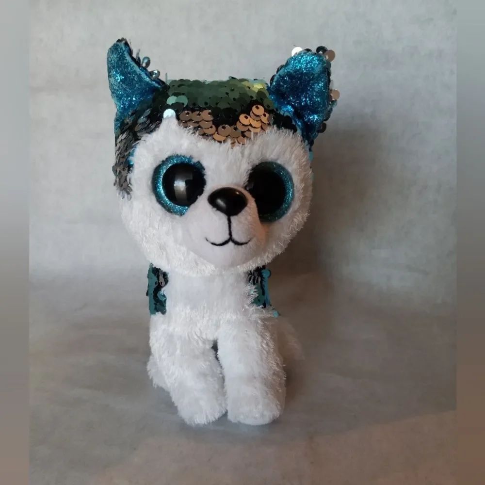 TY Flippables Slush The Husky Dog Teal Silver Sequin Plush Stuffed Animal 7"